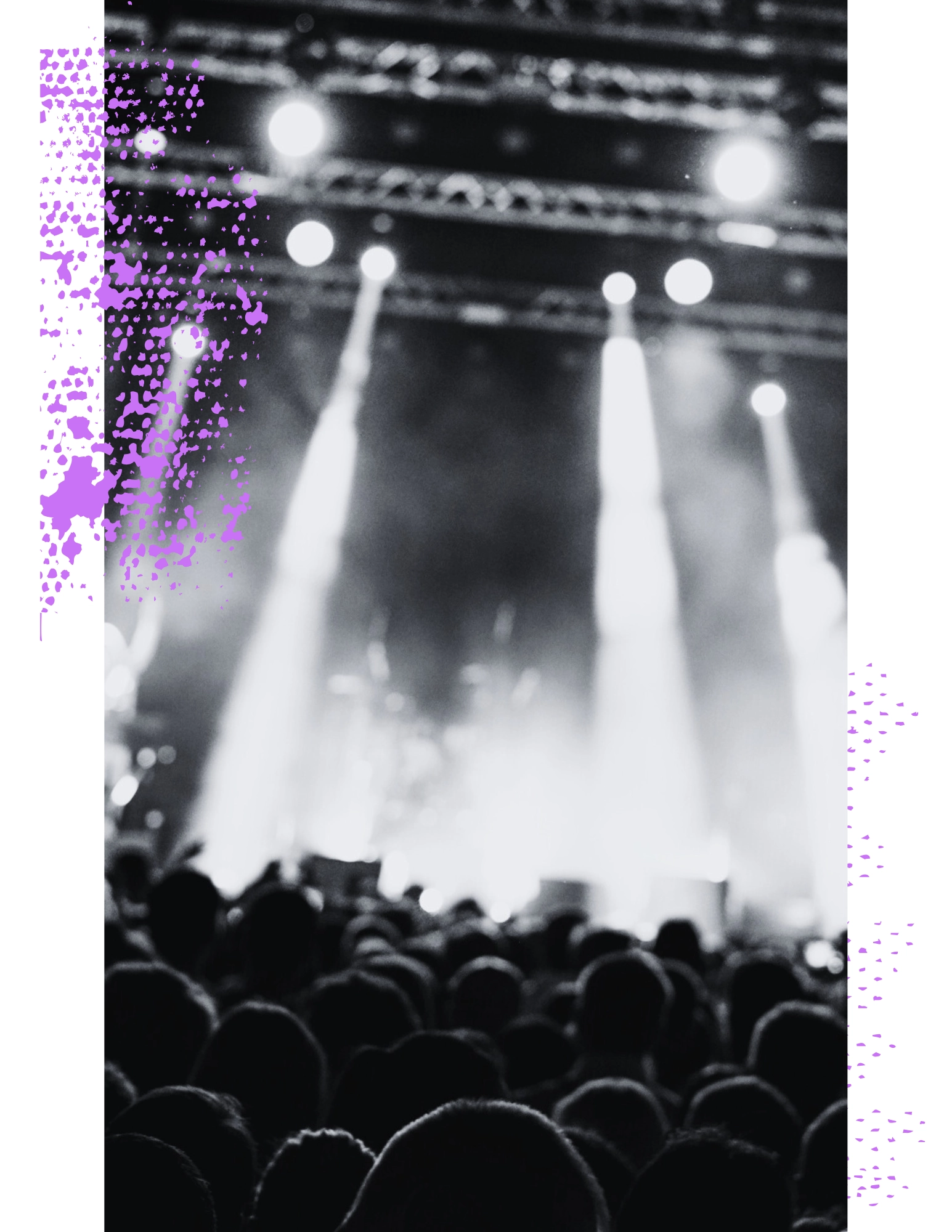 Flashing Concert Lights with Purple Grunge Accent Flashing concert lights shining over excited concert crowd