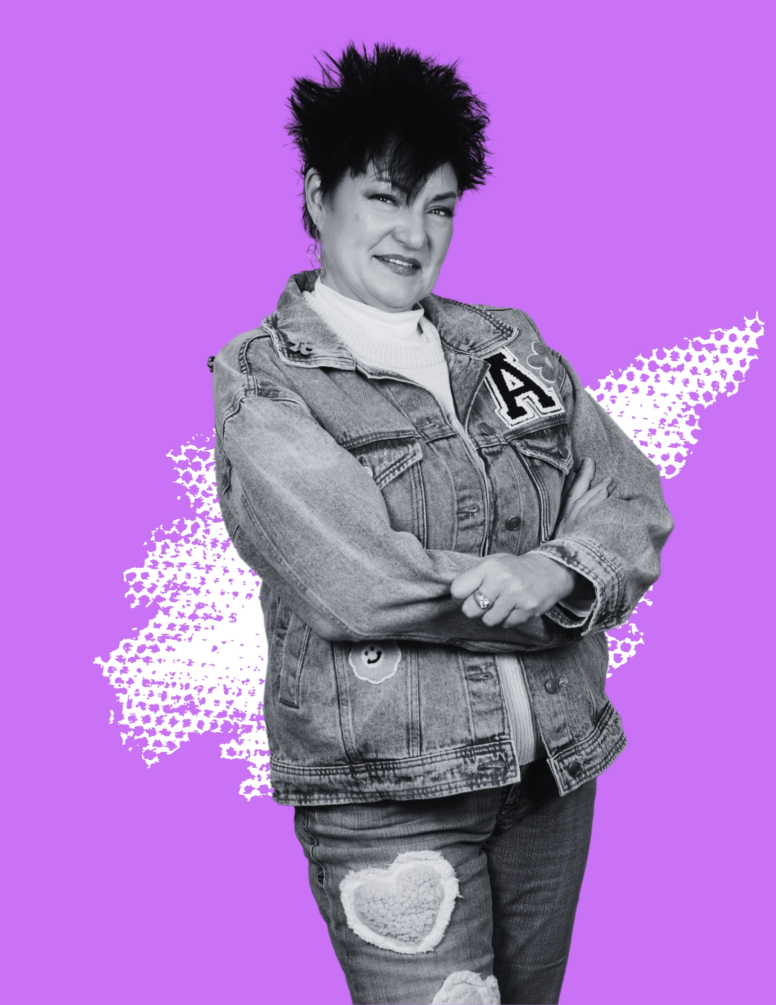 MeighanX in Denim Jacket MeighanX on purple and white fun background
